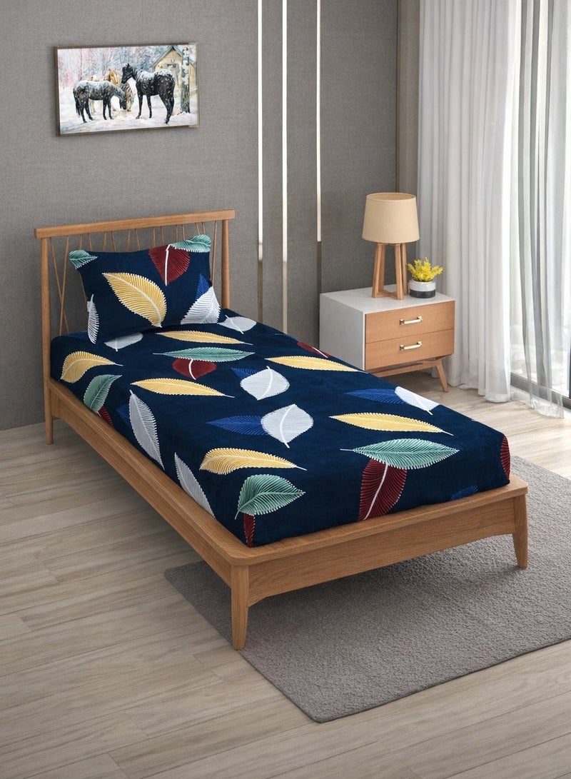 AURIO Premium Single Size Fitted Bedsheet with 1 Pillowcase – Modern Botanical Leaf Pattern on Navy Blue – Deep Pocket (90x200+25 cm) Soft, Breathable Microfiber Bedding for Kids & Guest Rooms - Image 1